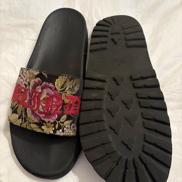 GUCCI Blind For Love Embroidered Jacquard Track Pool Slides Men’s Sz 12 EUC AUTH - Picture 3 of 6